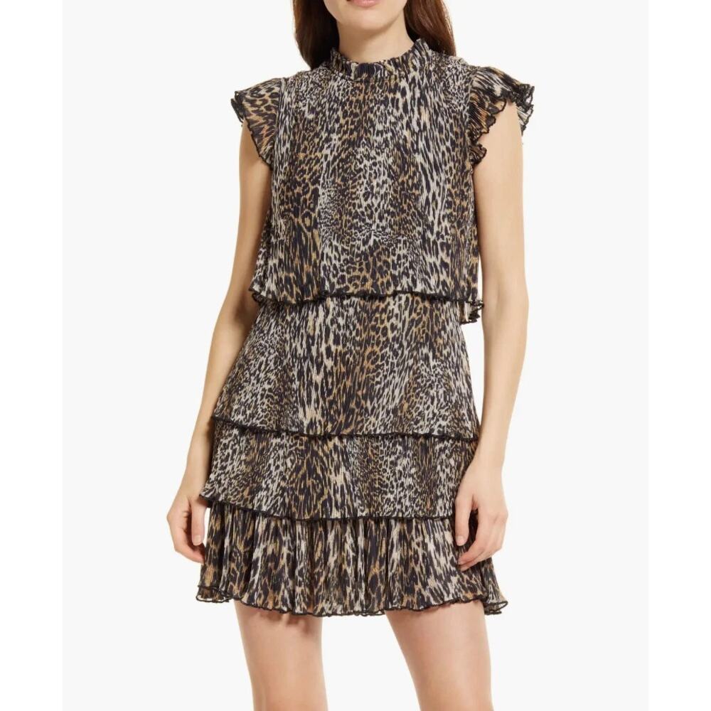 AllSaints Antheia Kiku Mini Dress Plisse Pleat Leopard Animal Print Tiered SZ 6